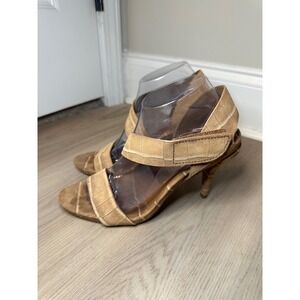 Pedro Garcia Yamina Tan‎ Suede Strappy Open-Toe Mid Heel Sandal, Size 38.5/8.5